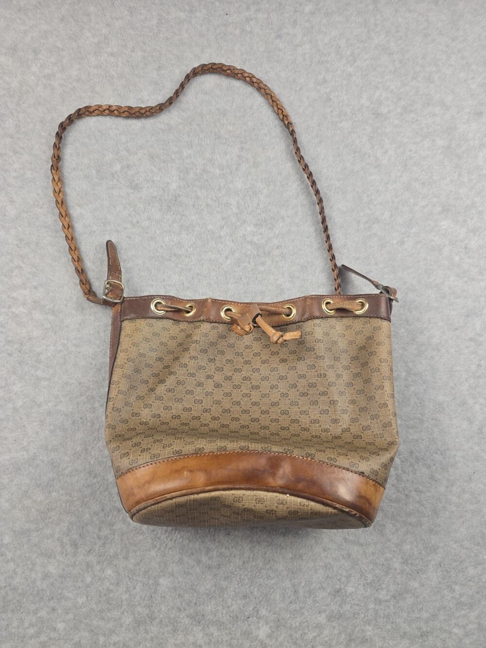 Vintage GUCCI Micro GG Canvas Bucket Bag Shoulder Purse Brown Drawstring Italy
